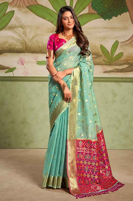 olive and Pink Nude Cotton Silk Saree with Weave Border and Gold Zari Work