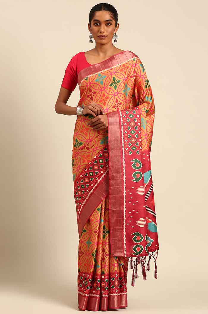 Orange red Patola Saree With color contrast patterns