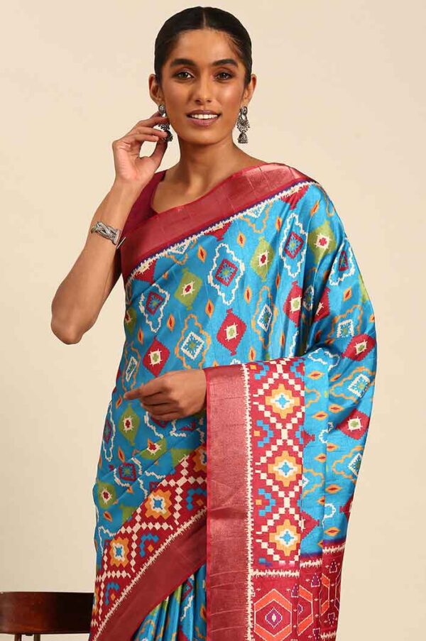 Sky-Blue Patola Saree With color contrast patterns