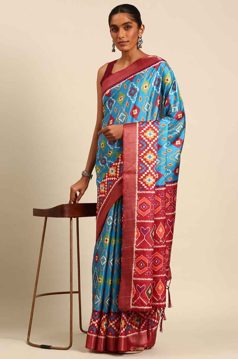 Sky-Blue Patola Saree With color contrast patterns