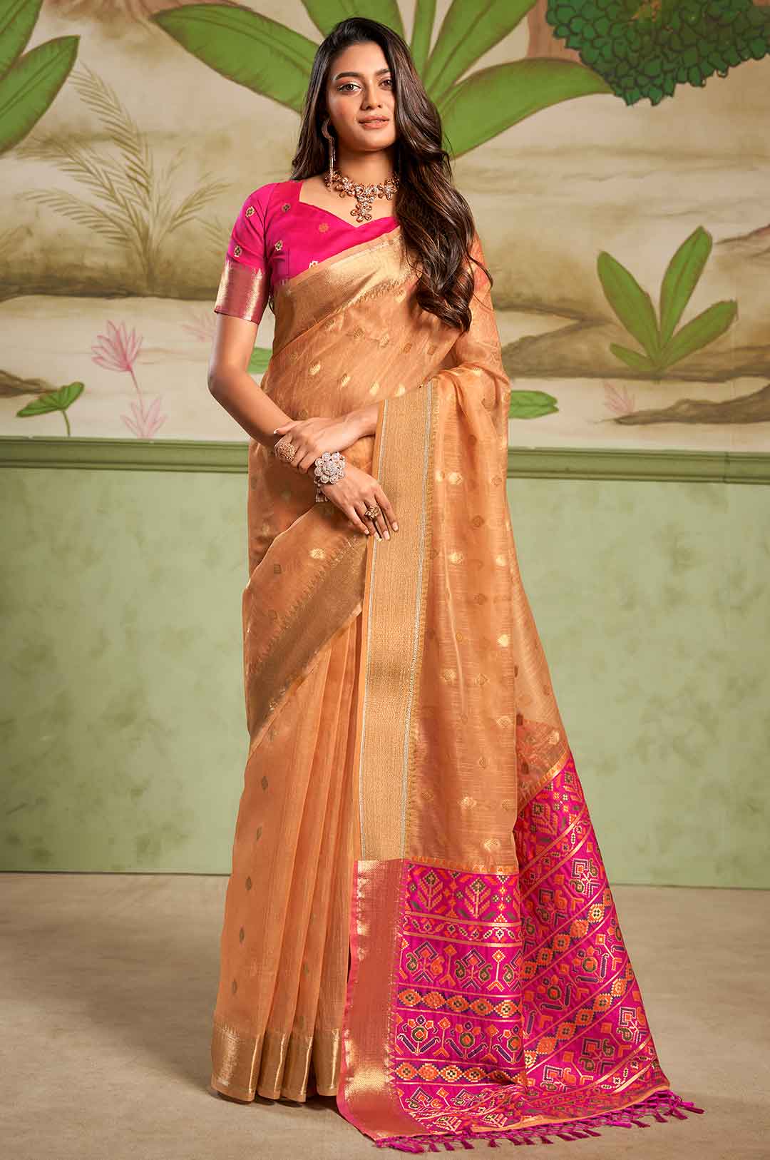 Woden and Pink Nude Cotton Silk Saree with Weave Border and Gold Zari Work