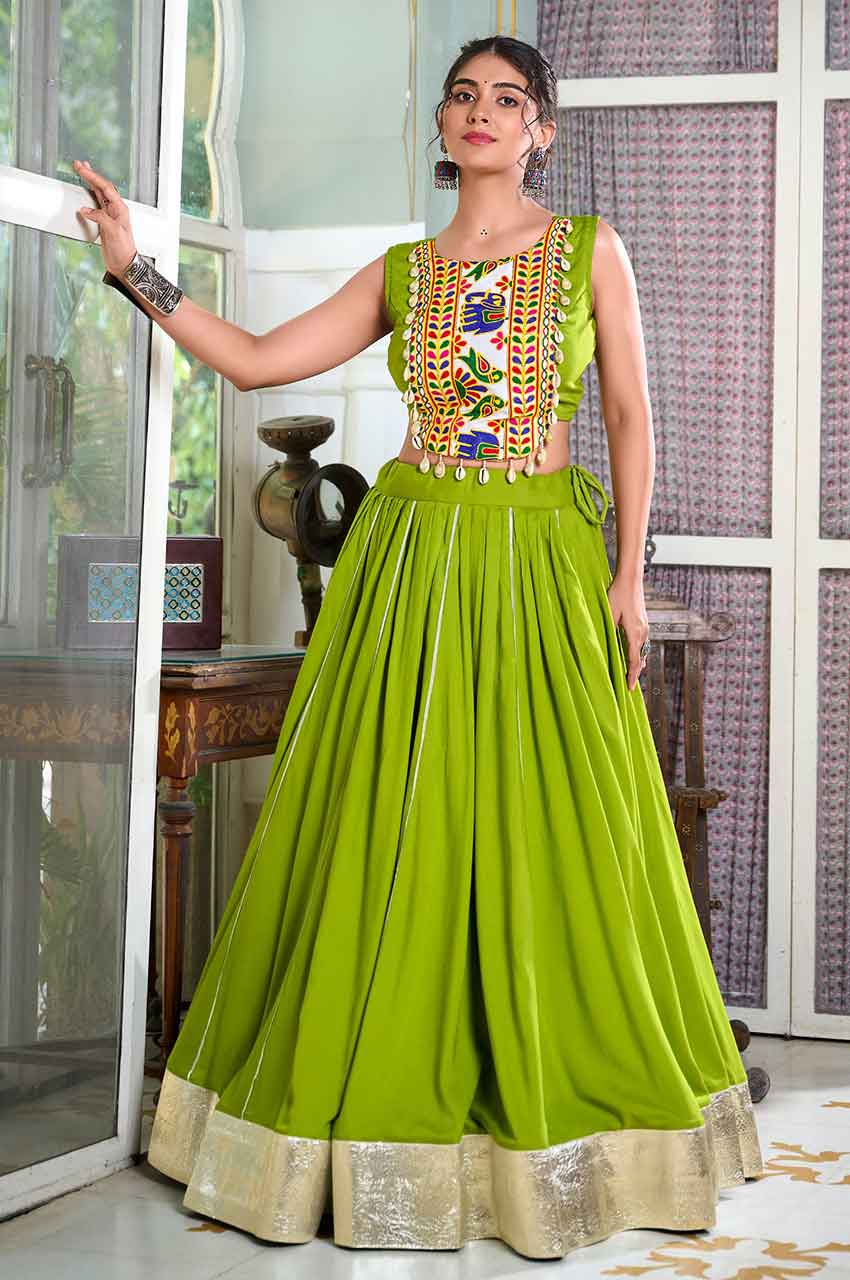 Parrot Green Navratri Lehenga Choli with Gotta Patti and Gamthi Work Blouse