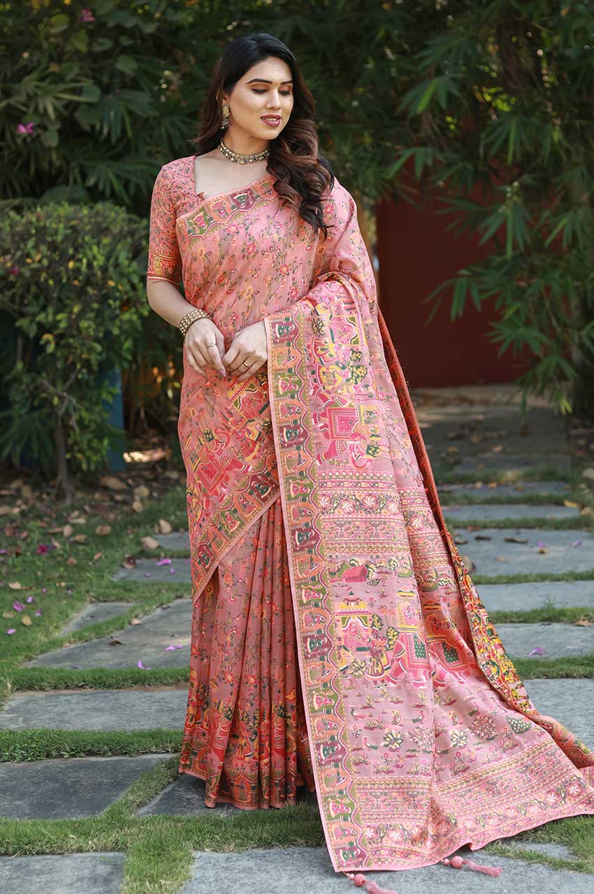 Peach Premium Kashmiri Pashmina Soft Saree with Rich Weaved Blouse Piece