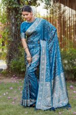 Premium-Pelorous-Blue-Kanjivaram-Satin-Saree-with-Unstitched-Blouse