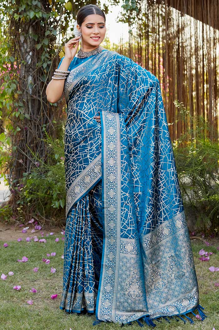 Premium Pelorous Blue Color Kanjivaram Satin Saree with Unstitched Blouse