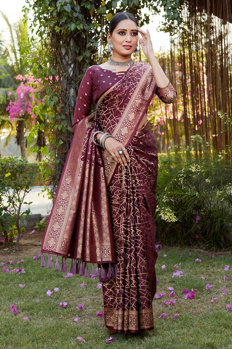 Premium Wine Color Kanjivaram Satin Saree with Unstitched Blouse