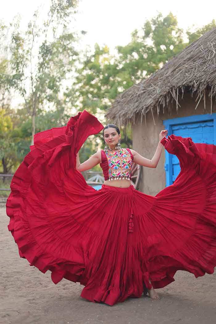 Red Navratri Gamthi Lehenga Choli Set with koti