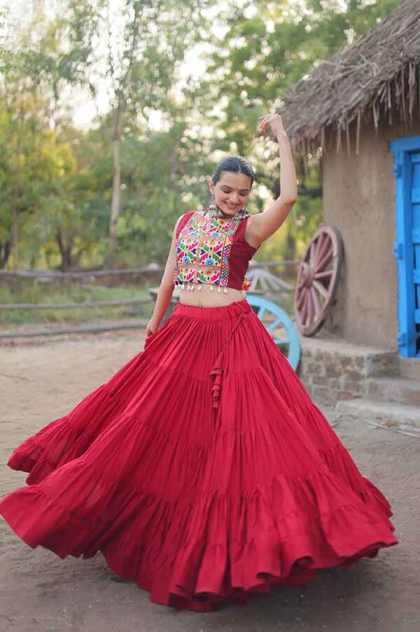 Red Navratri Gamthi Lehenga Choli Set with koti