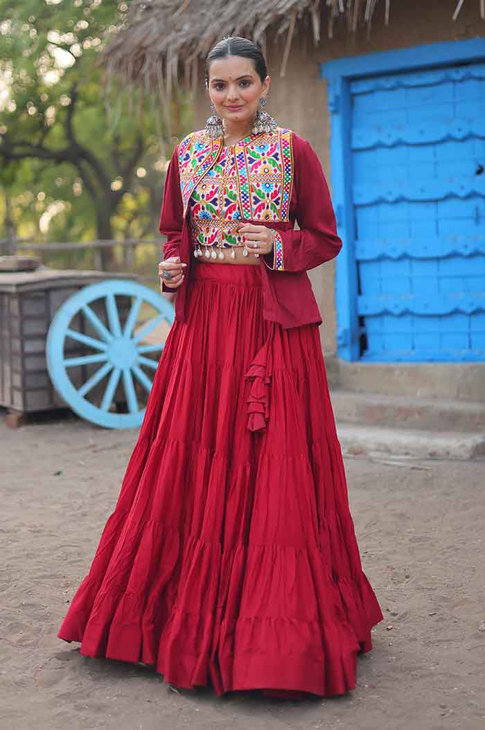 Red Navratri Gamthi Lehenga Choli Set with koti