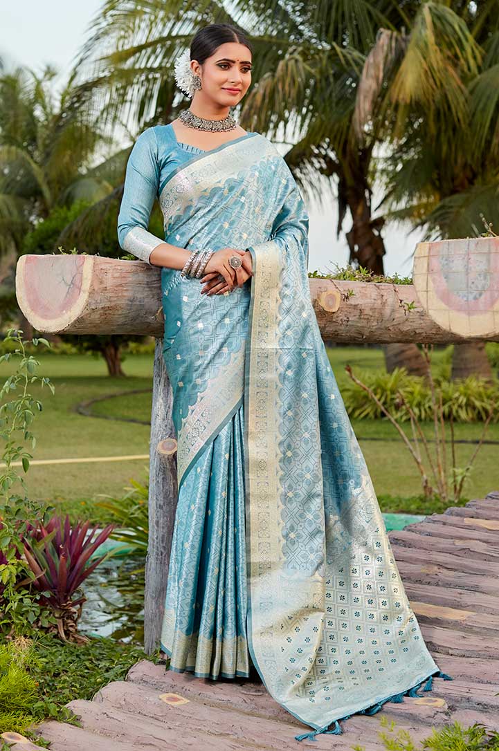 Sky Color Original Kanjivaram Satin silk Saree with Weaving Border Blousepiece