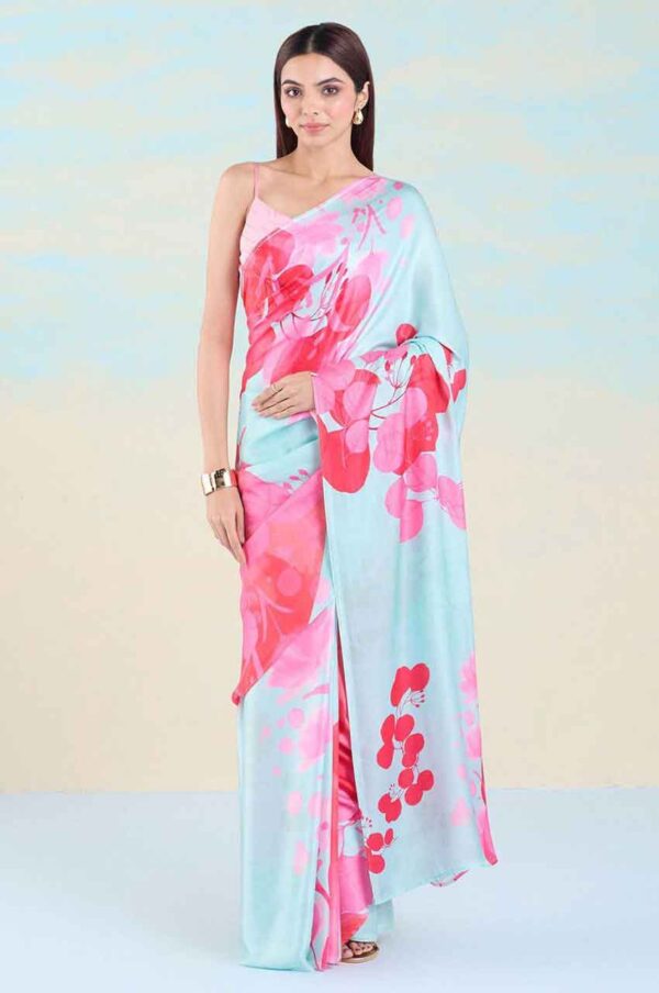 Trendy Floral Printed Heavy Japan Satin Saree with Unstitched Mono Banglory Blouse