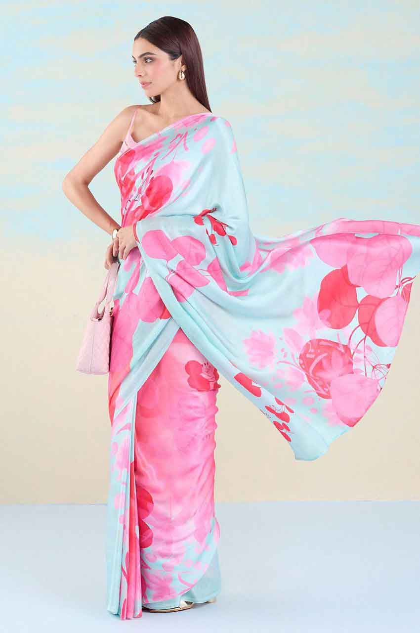 Trendy Floral Printed Heavy Japan Satin Saree with Unstitched Mono Banglory Blouse