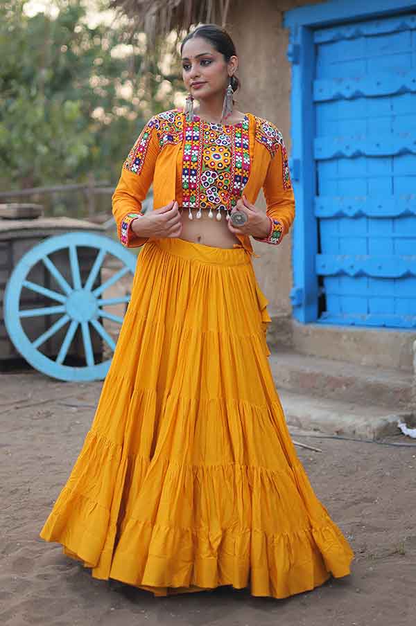 Yellow Navratri Gamthi Lehenga Choli Set with koti