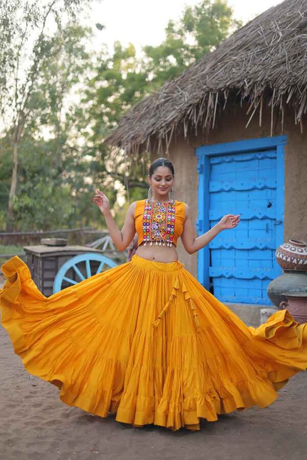 Yellow Navratri Gamthi Lehenga Choli Set with koti