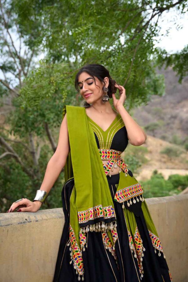 Gamthi work Lehenga Choli for Navratri in Parrot Green and Black color