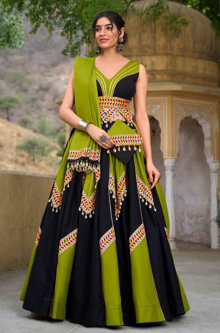 Gamthi work Lehenga Choli for Navratri in Parrot Green and Black color