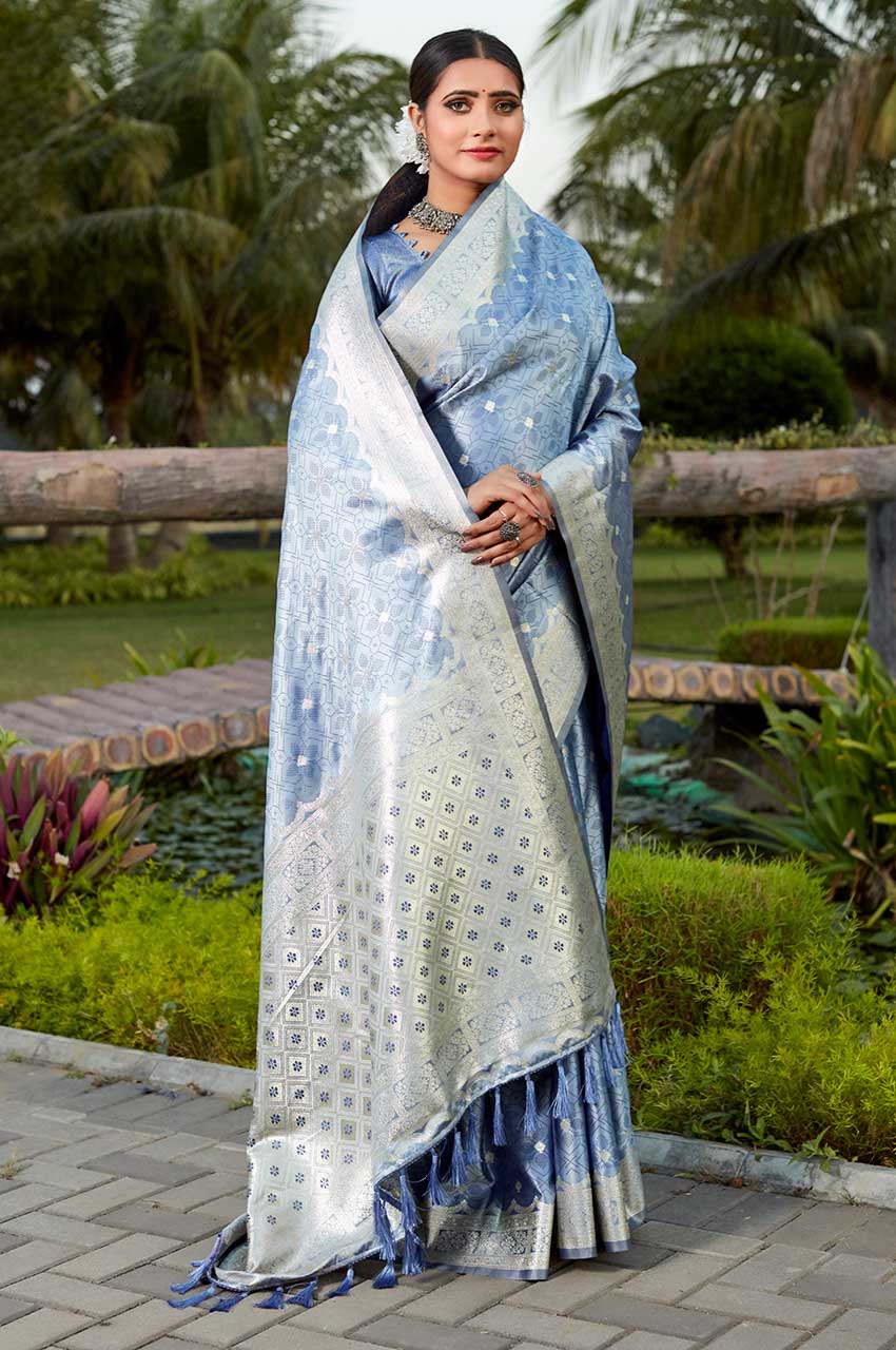 New Sky Blue Color Original Kanjivaram Satin silk Saree with Weaving Border Blouse