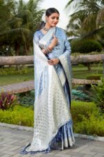 new-Sky-color-original-Kanjivaram-Satin-silk-Saree-with-Weaving-Border-Blousepiece-3