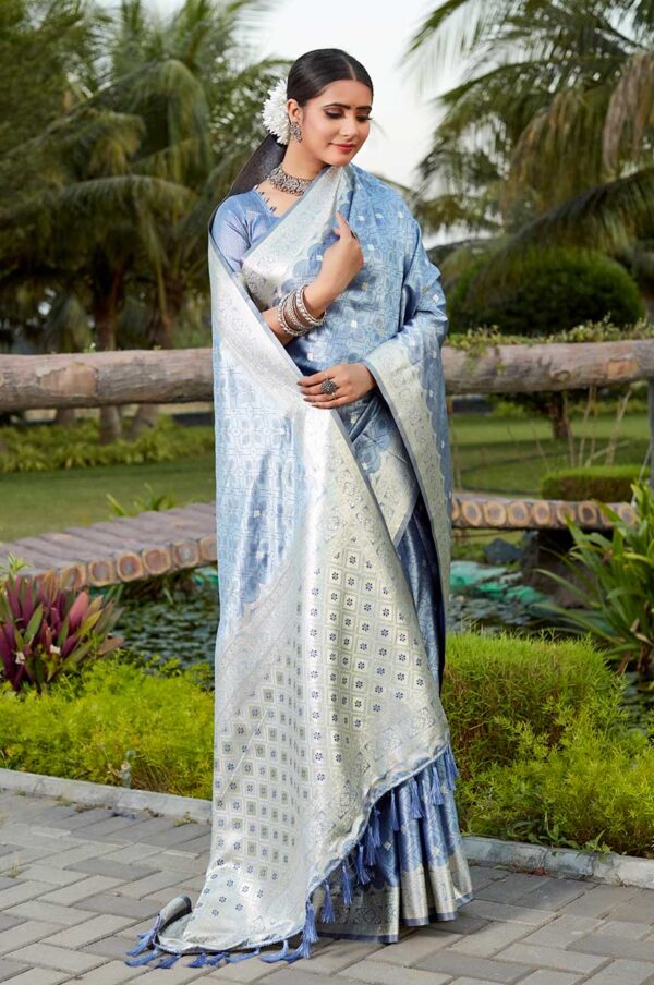 New Sky Blue Color Original Kanjivaram Satin silk Saree with Weaving Border Blouse