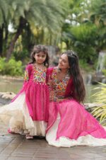 Pink-Color-Navratri-Lehenga-kurti-Dress-combo-For-Mother-Daughter