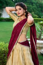 Cream-Zari-Weaving-Kanchipuram-Silk-Traditional-Lehenga-Choli-with-contrast-and-sequence-worked-Dupatta-2