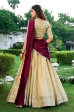 Cream-Zari-Weaving-Kanchipuram-Silk-Traditional-Lehenga-Choli-with-contrast-and-sequence-worked-Dupatta-3