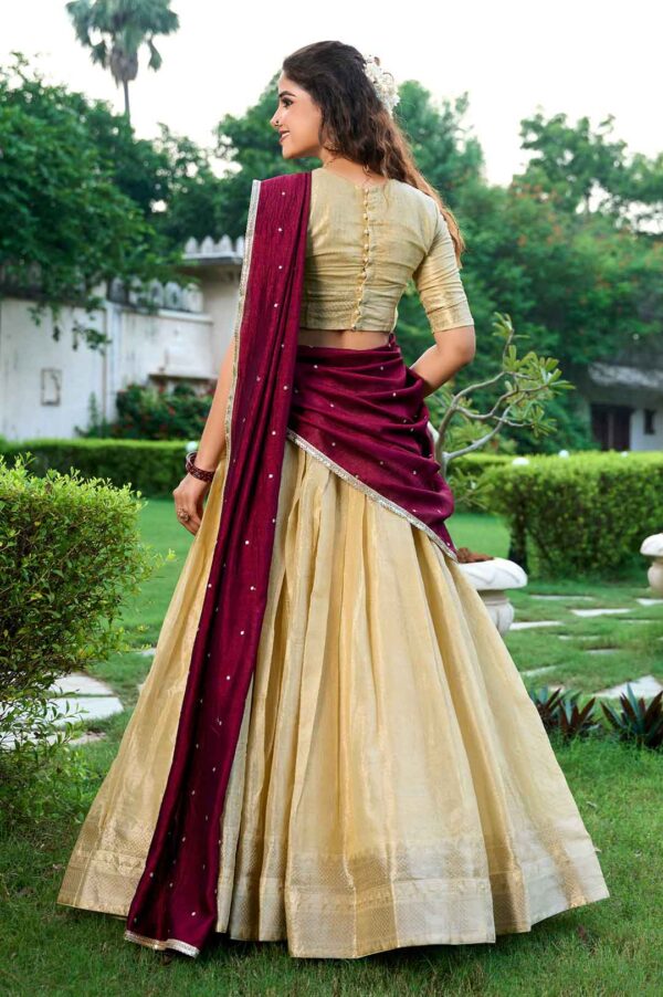 Cream Zari Weaving Kanchipuram Silk Lehenga Choli With Dupatta