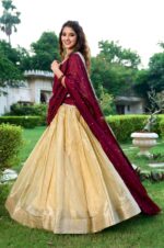 Cream-Zari-Weaving-Kanchipuram-Silk-Traditional-Lehenga-Choli-with-contrast-and-sequence-worked-Dupatta-4