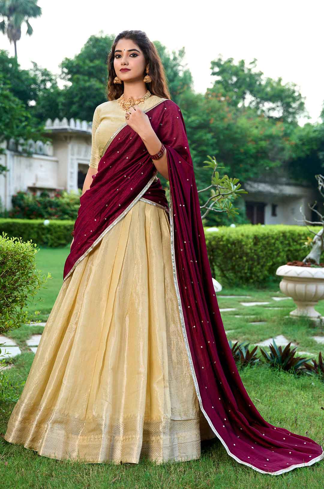 Cream Zari Weaving Kanchipuram Silk Lehenga Choli With Dupatta