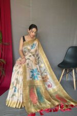 Gold-3D-Digital-Print-Saree-with-Floral-Katha-Stitch-and-Golden-Zari-Pallu-2