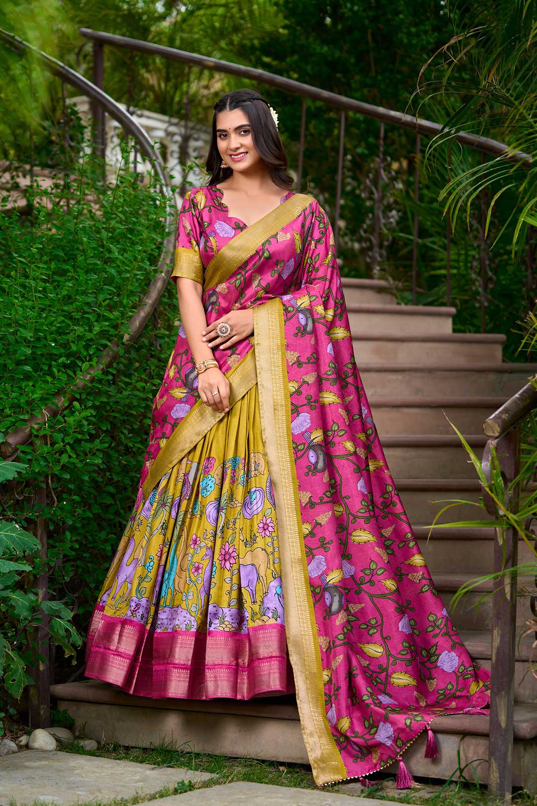 Mustard Kamalkari Lehenga Choli Dola silk Fabric