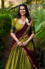 Olive-green-south-indian-Poly-Cotton-Lehenga-Choli-Set-with-Zari-Weaving