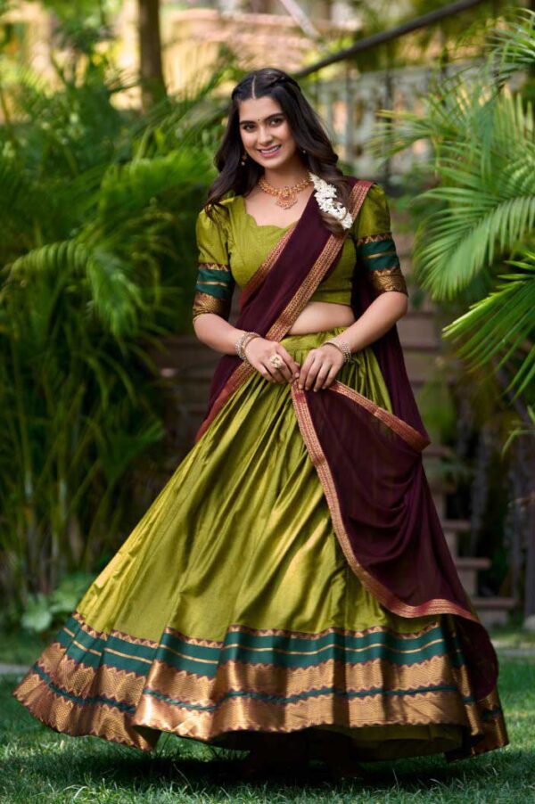 Olive Cotton Lehenga Choli Set with Zari Weaving