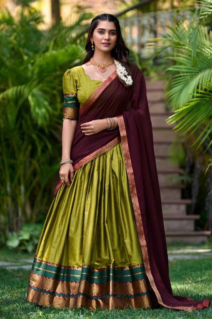 Olive Cotton Lehenga Choli Set with Zari Weaving