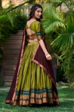 Olive-green-south-indian-Poly-Cotton-Lehenga-Choli-Set-with-Zari-Weaving-4