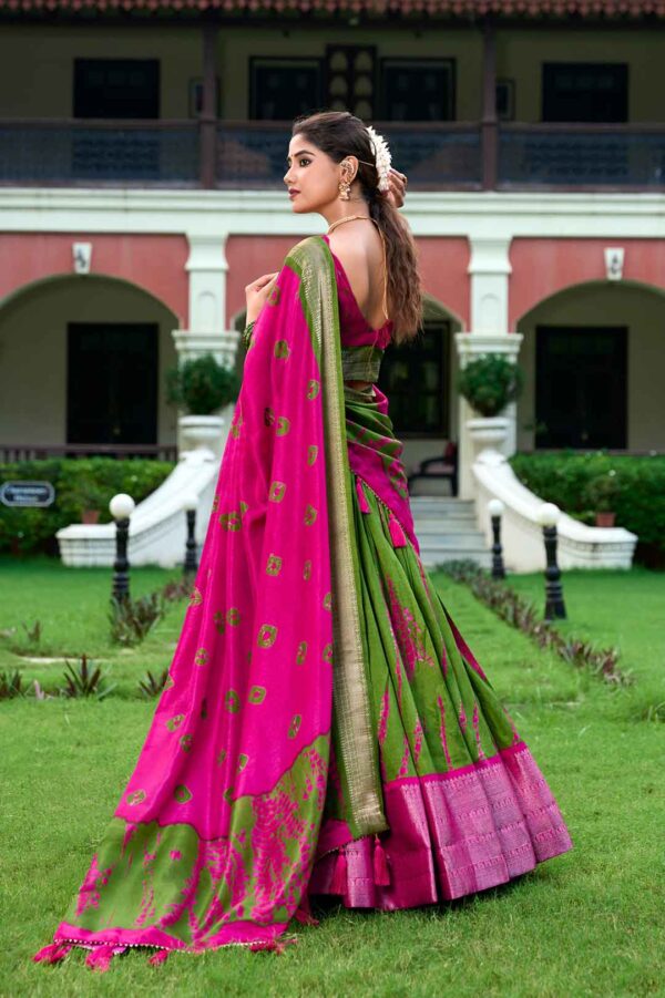 Dola Silk Lehenga Choli Set with Pink And Green Shibori Print