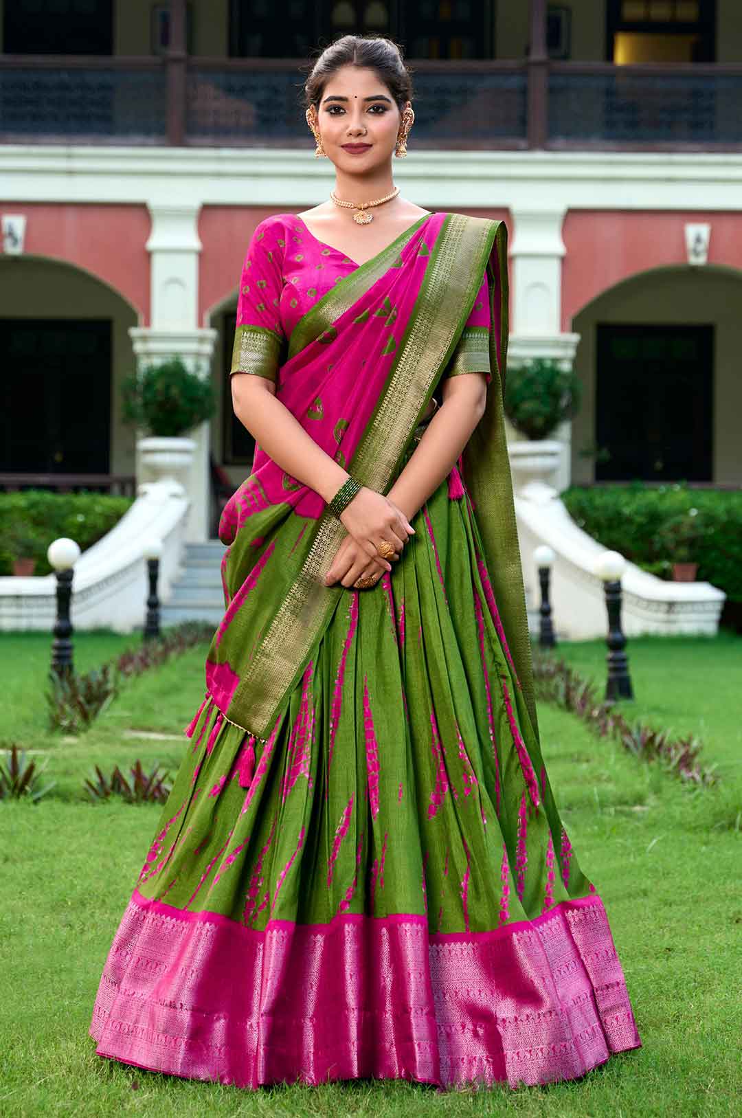 Dola Silk Lehenga Choli Set with Pink And Green Shibori Print