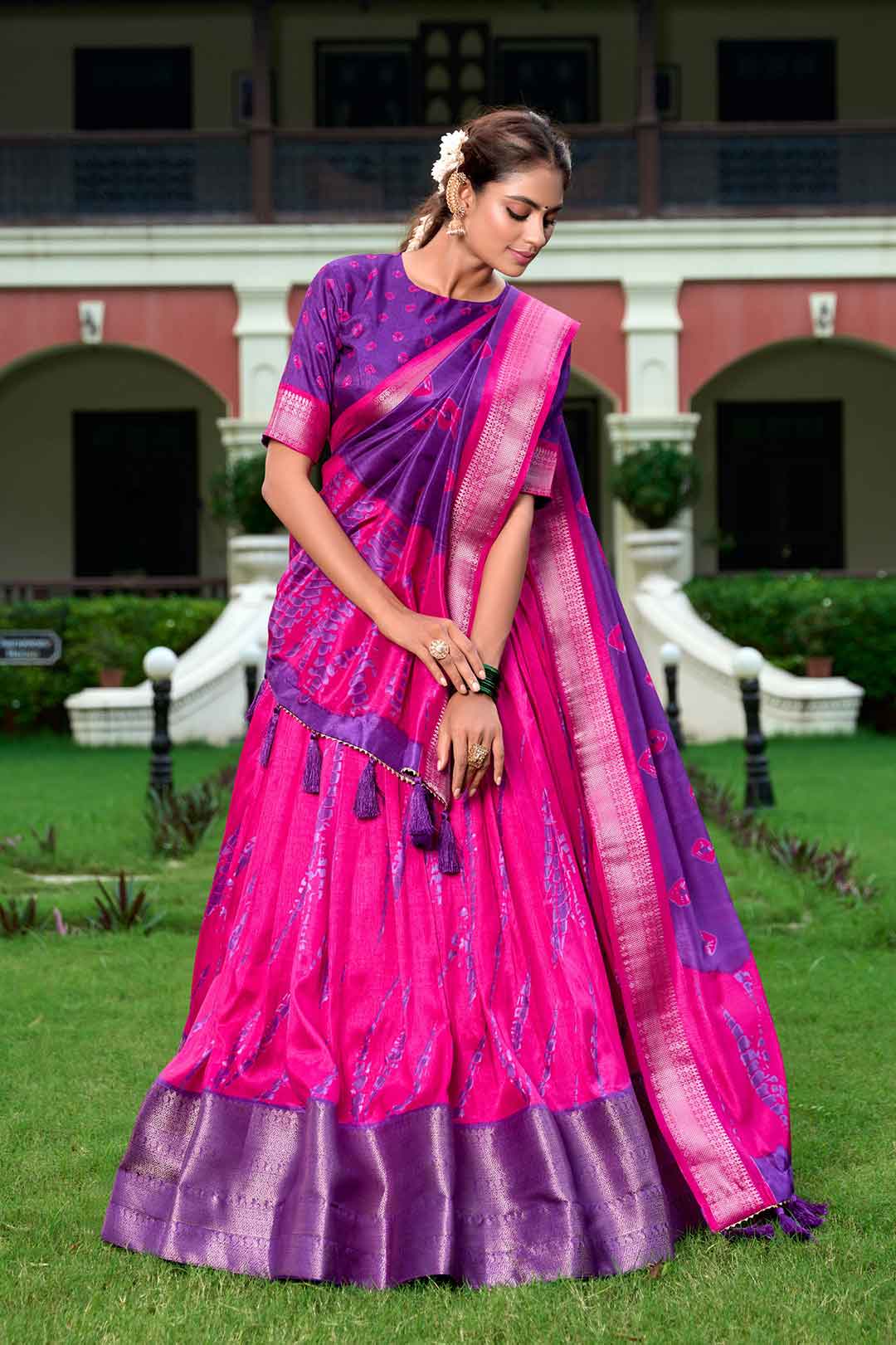 Dola Silk Lehenga Choli Set with Pink and Purple Shibori Print