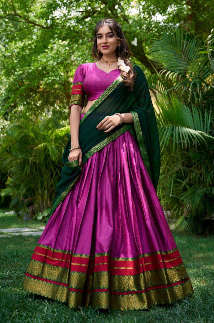 Pink Cotton Lehenga Choli Set with Zari Weaving