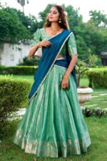 Pista-Zari-Weaving-Kanchipuram-Silk-Traditional-Lehenga-Choli-with-contrast-and-sequence-worked-Dupatta