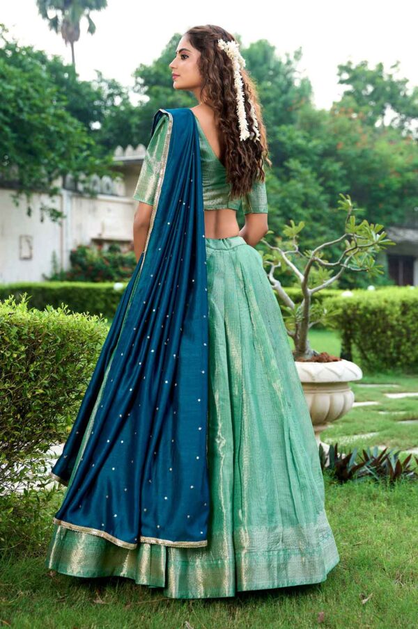 Pista Zari Weaving Kanchipuram Silk Lehenga Choli With Dupatta