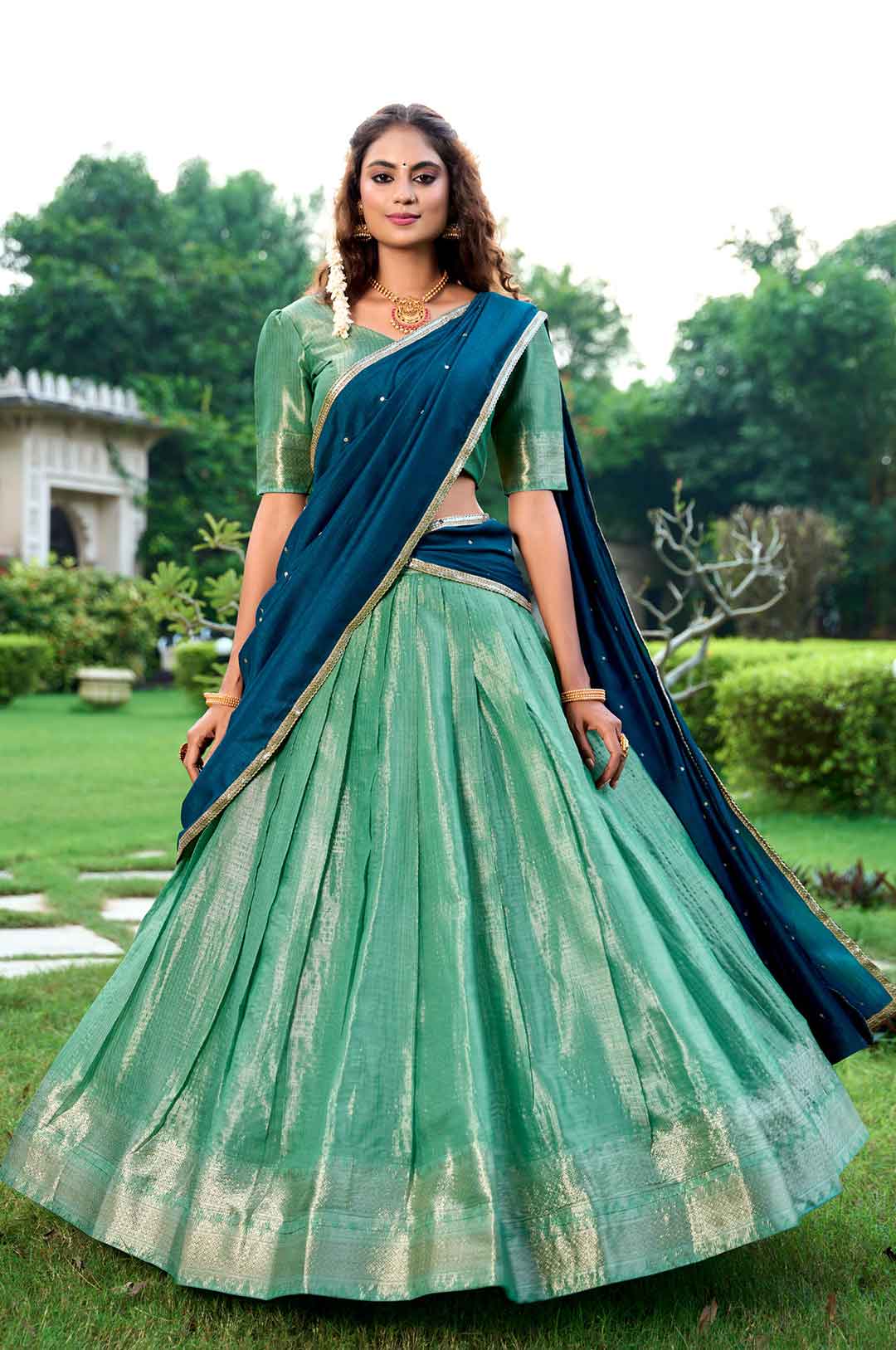 Pista Zari Weaving Kanchipuram Silk Lehenga Choli With Dupatta