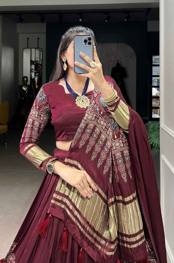 Pure Gaji silk Lagdi Patta Lehenga Choli In wine Color