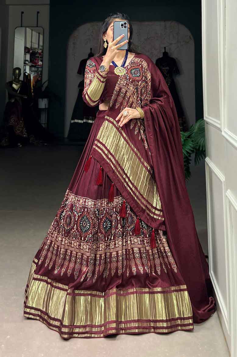 Pure Gaji silk Lagdi Patta Lehenga Choli In wine Color