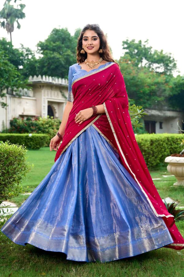 R Blue Zari Weaving Kanchipuram Silk Lehenga Choli With Dupatta