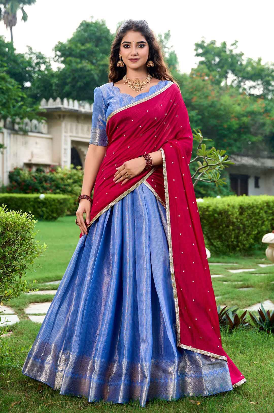 R Blue Zari Weaving Kanchipuram Silk Lehenga Choli With Dupatta