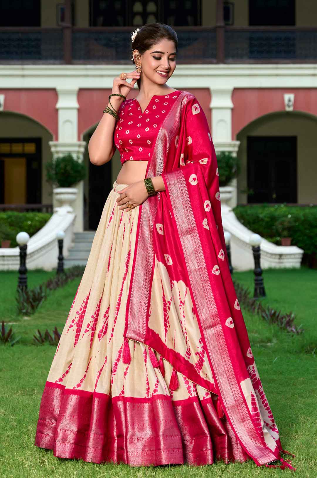 Dola Silk Lehenga Choli Set with Red and Cream Shibori Print