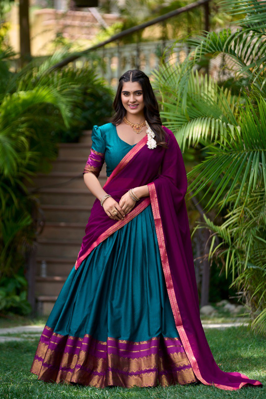 Teal Cotton Lehenga Choli Set with Zari Weaving