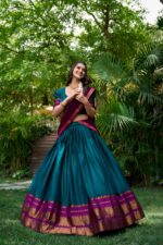 Teal south indian Poly Cotton Lehenga Choli Set with Zari Weaving (3)