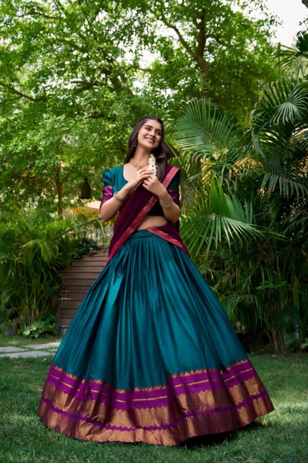 Teal Cotton Lehenga Choli Set with Zari Weaving